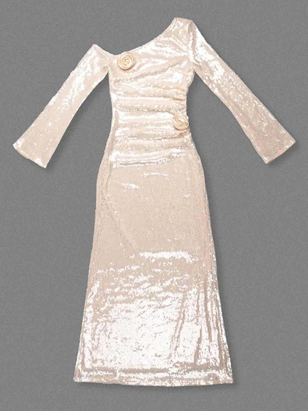 Mesh Sequin 3D Flower Long Sleeve Bodycon Maxi Dress