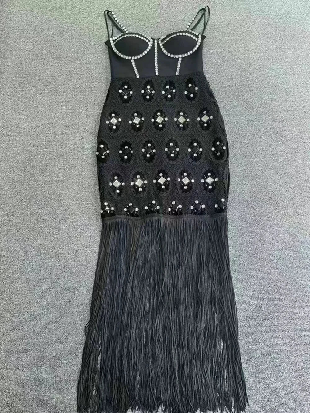 Diamond Tassel Spaghetti Strap Backless Mini Dress