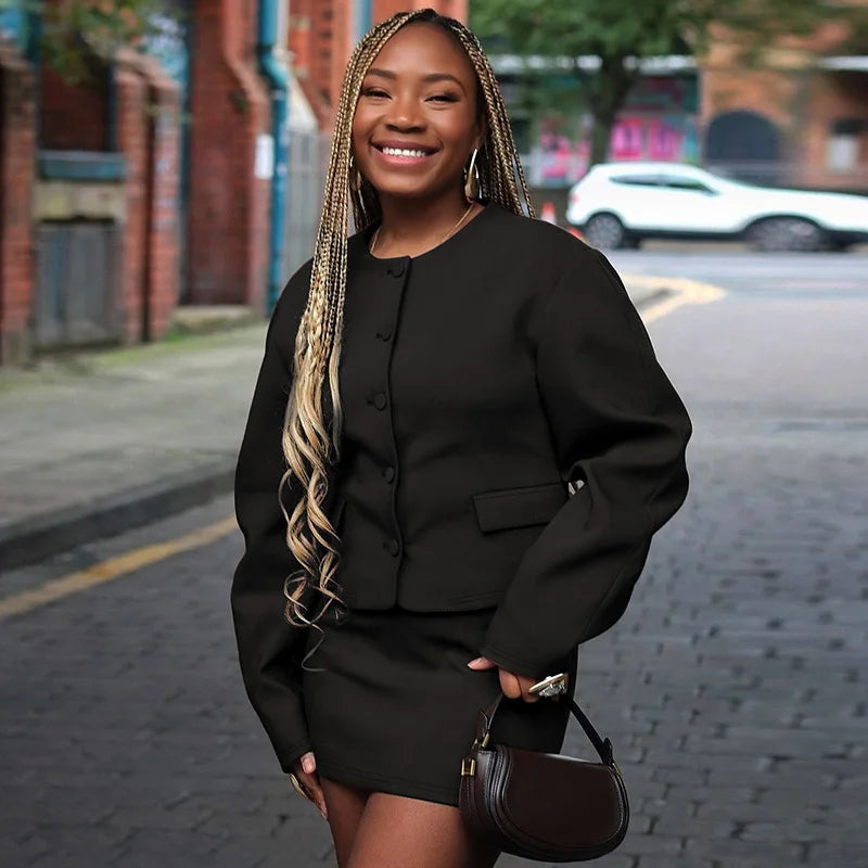 Round Neck Long Sleeve Jacket Mini Skirt Suit