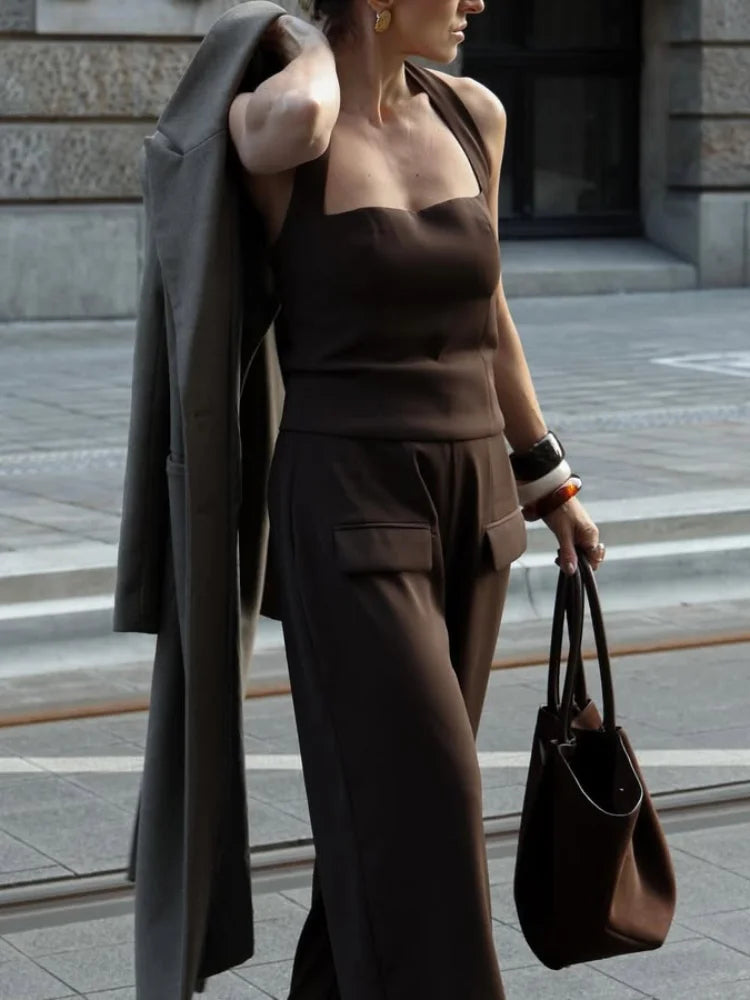 Square Collar Halter Top and Long Pant Suit