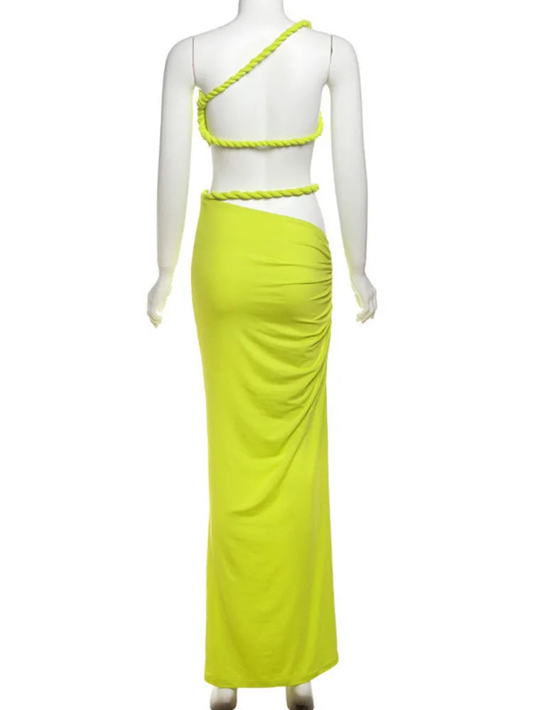 Green Oblique Shoulder Top Thigh High Split Long Skirt Set