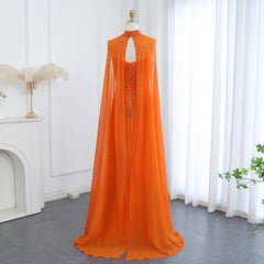 Orange Strapless Evening Dress with Cape Sleeve
