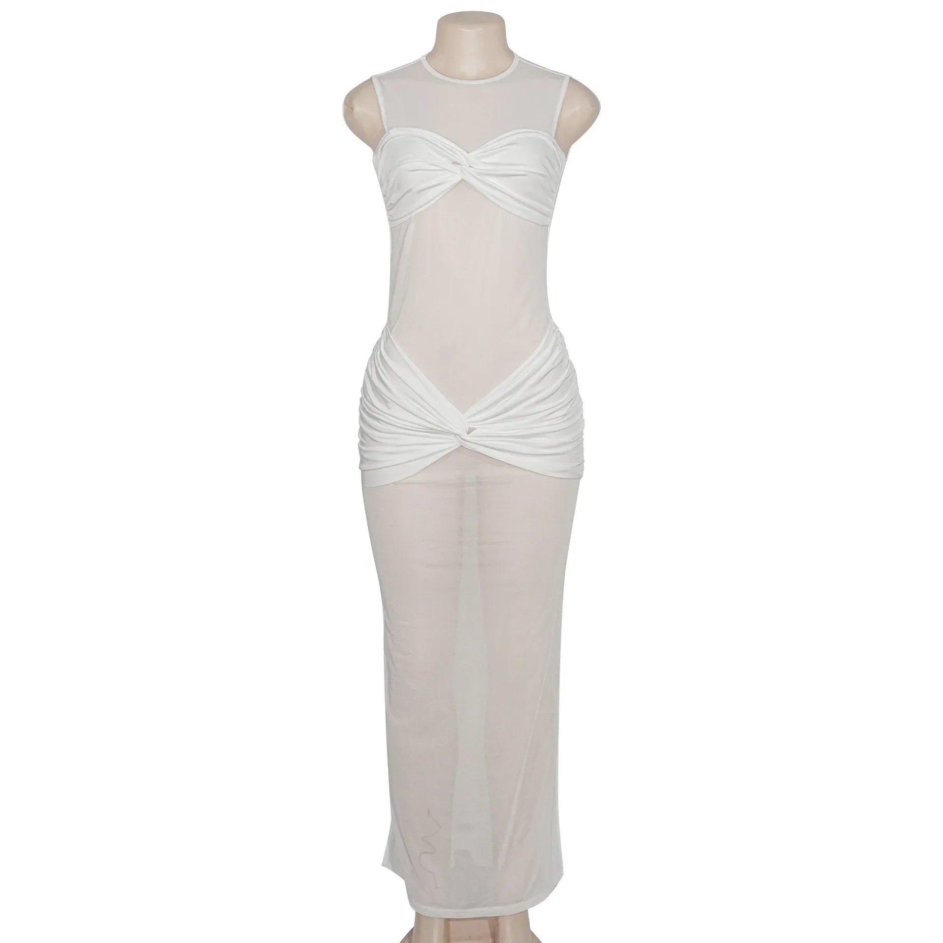 White See-Through Pleated Mesh Long Dress