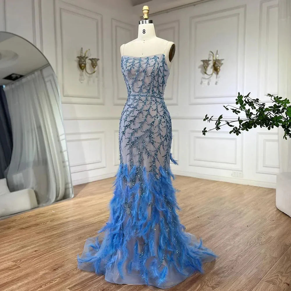 Spaghetti Strap Mermaid Feathers Beaded Prom Dress