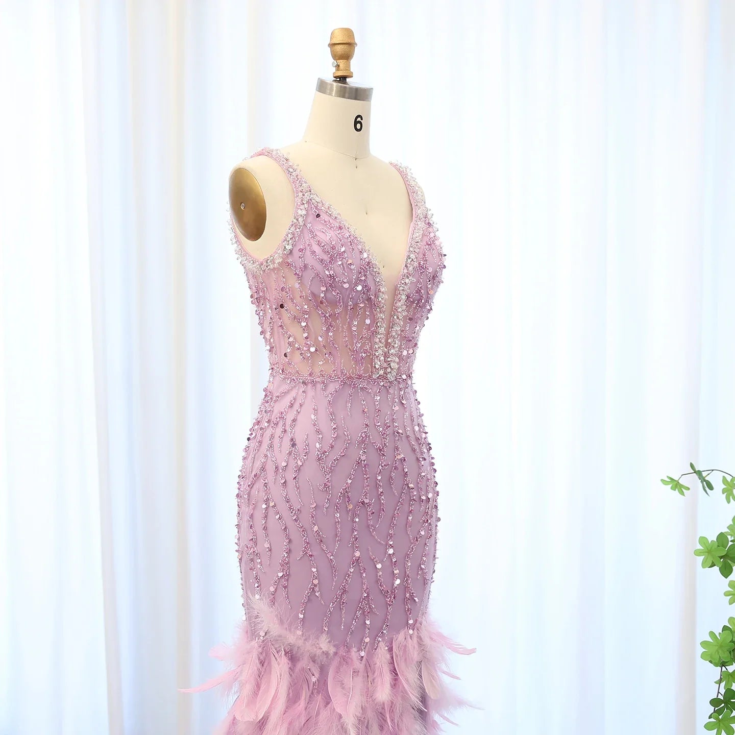 Blue Mermaid Evening Gown with Feather Details