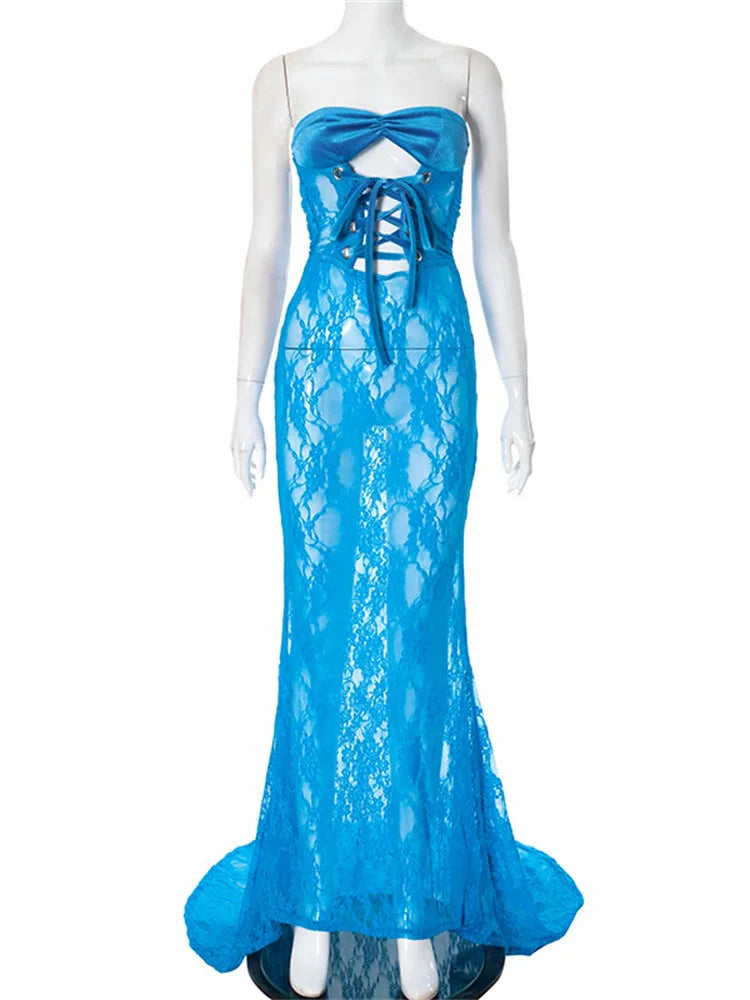Lace Up Hollow Out Corset Tube Maxi Dress