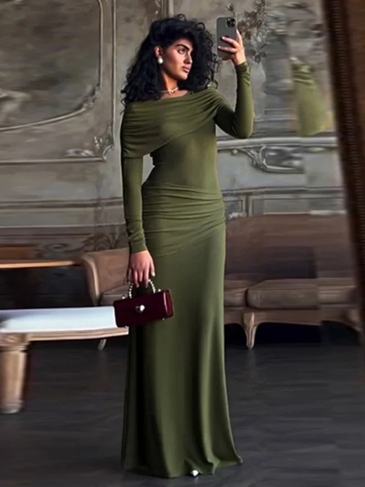 Solid Long Sleeve Irregular Splice Long Dress