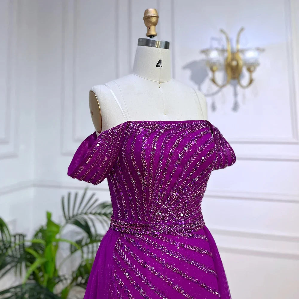 Boat Neck Split Mermaid Elegant Beaded Gowns