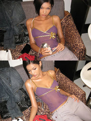 Patchwork Mesh Bow Gold Edging Low-Neck Camisole