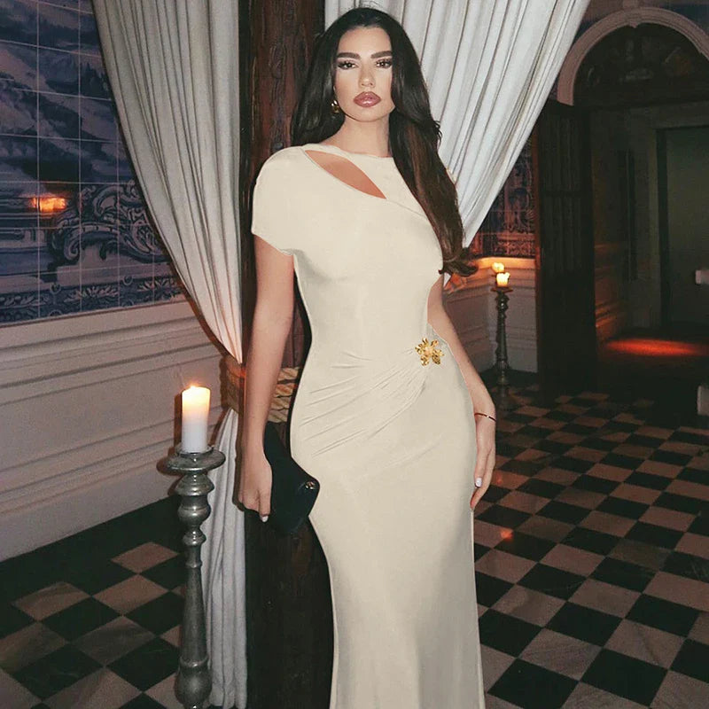 Hollow Out Metal Buckle Solid Short Sleeve Long Dress
