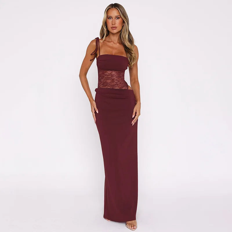 Spaghetti Strap Sheer Lace Hollow Out Long Dress