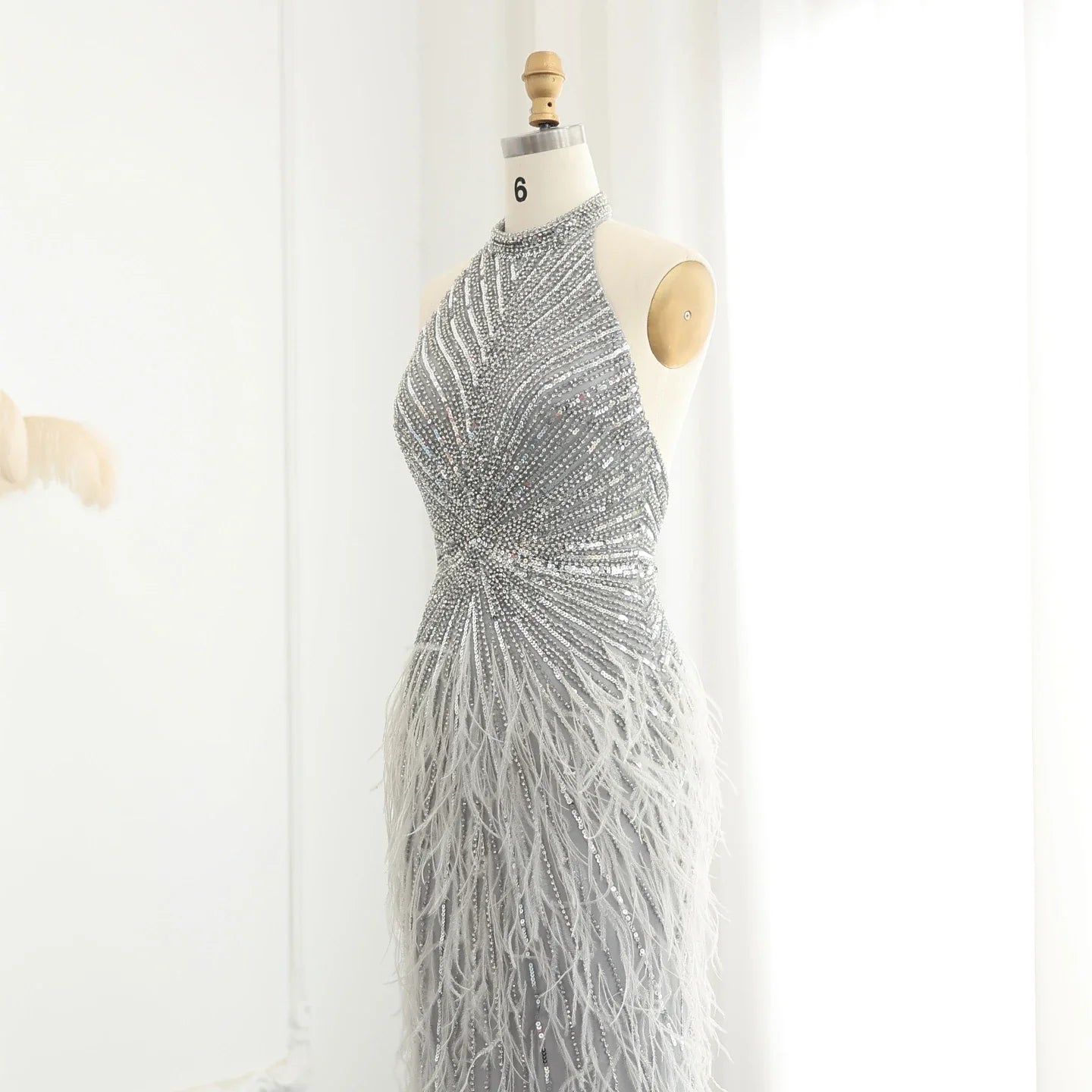 Beaded Feathers Mermaid Halter Backless Gown