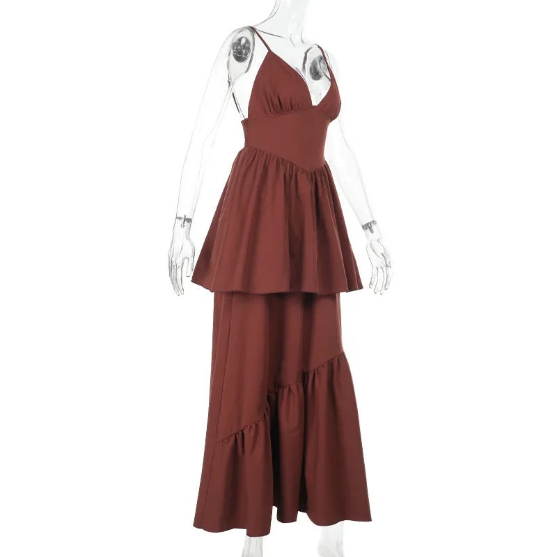 Brown V-neck Layered Maxi Dress