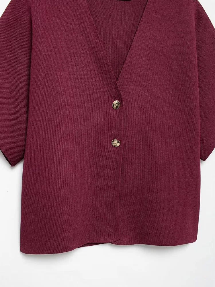 Knitted Flat Pin V-Neck Solid Short Sleeved Tops