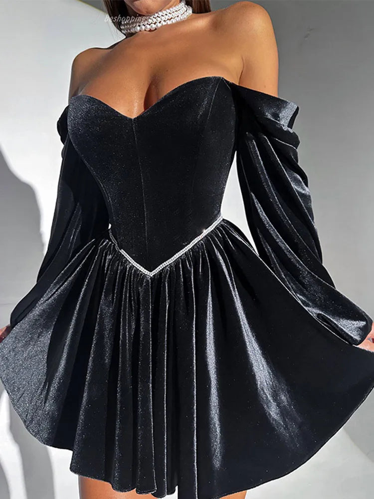 Velvet Strapless Mini Dress Off Shoulder Party Outfit
