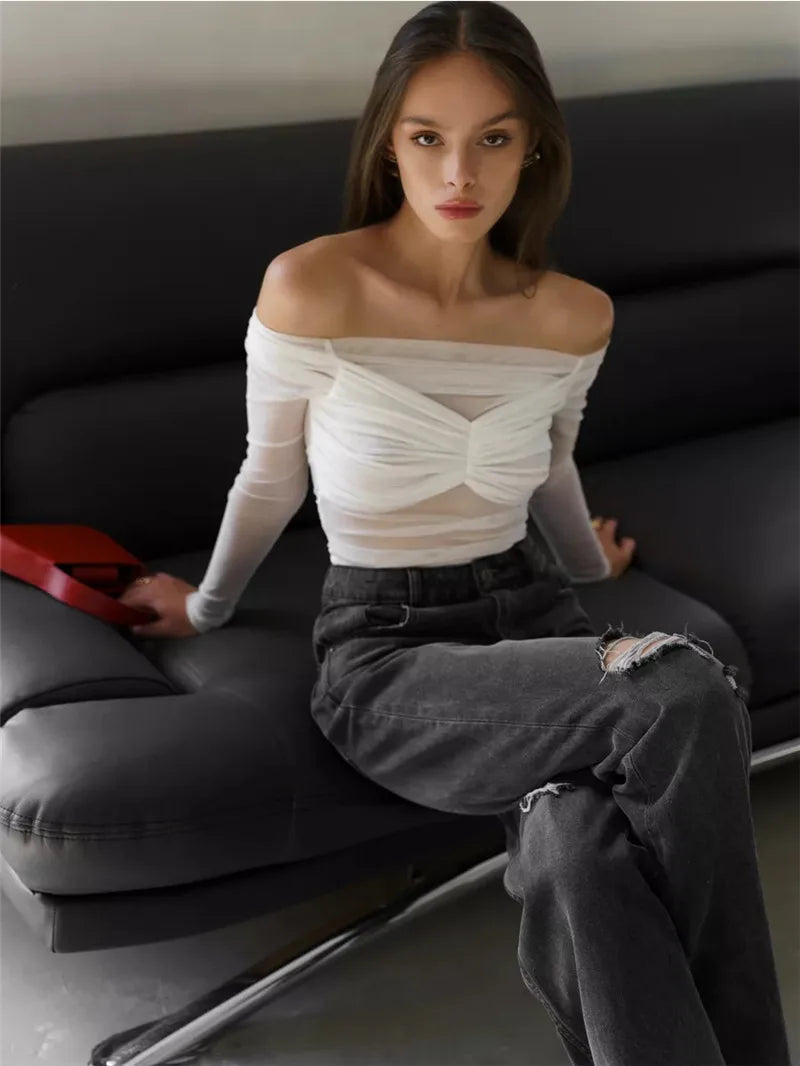 Mesh Off-shoulder Pleated Bust Strapless See Through Top