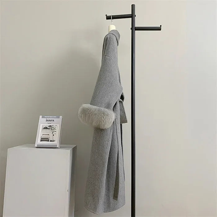 Lace-Up Fur Fluffy Lapel Long Sleeve Overcoat