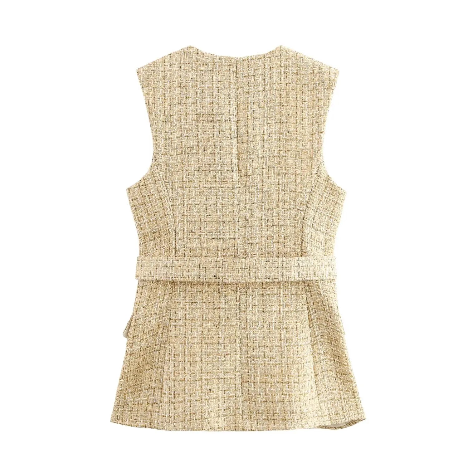 Yellow Belted Textured Single Breasted Vest
