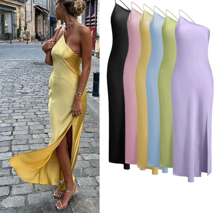 Backless Satin Slant Shoulder Solid Slit Long Dress