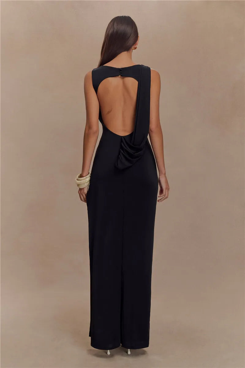 Backless Ruched O Neck Thigh High Split Long Dress