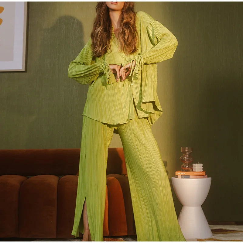 2 Piece Set Blouse Tops and Split Wide Leg Pants