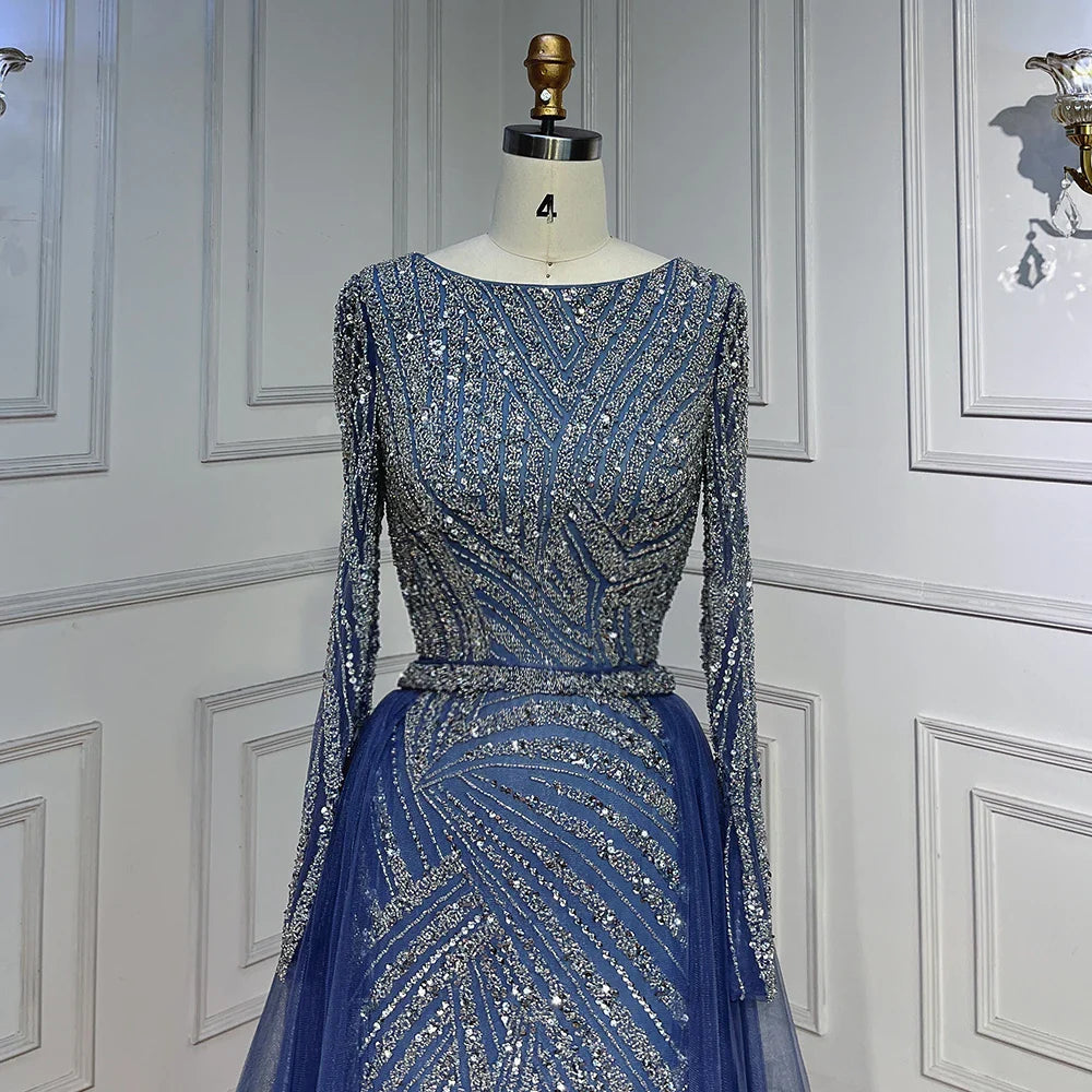 Blue Mermaid Beaded Long Sleeves Evening Gown