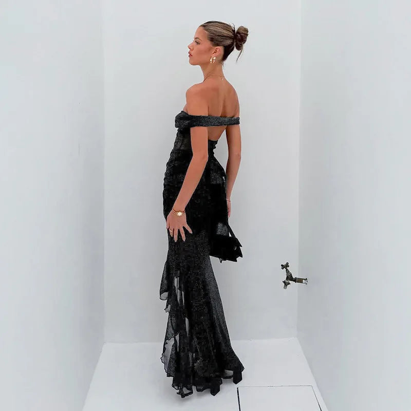 Mesh Ruffled Gray Off-shoulder Long Dress
