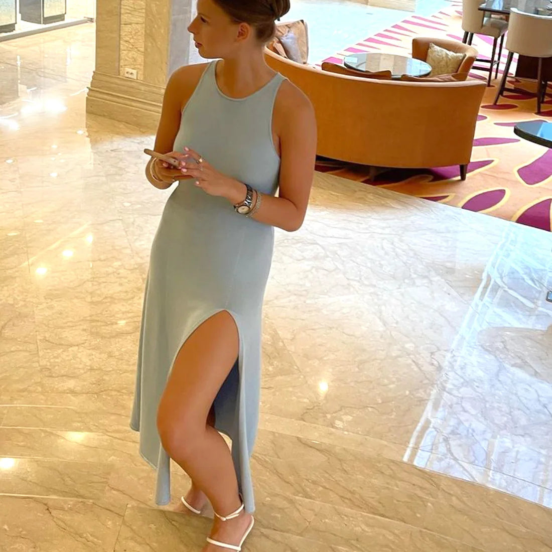 Knit Slit Solid High Waisted Vacation Dresses