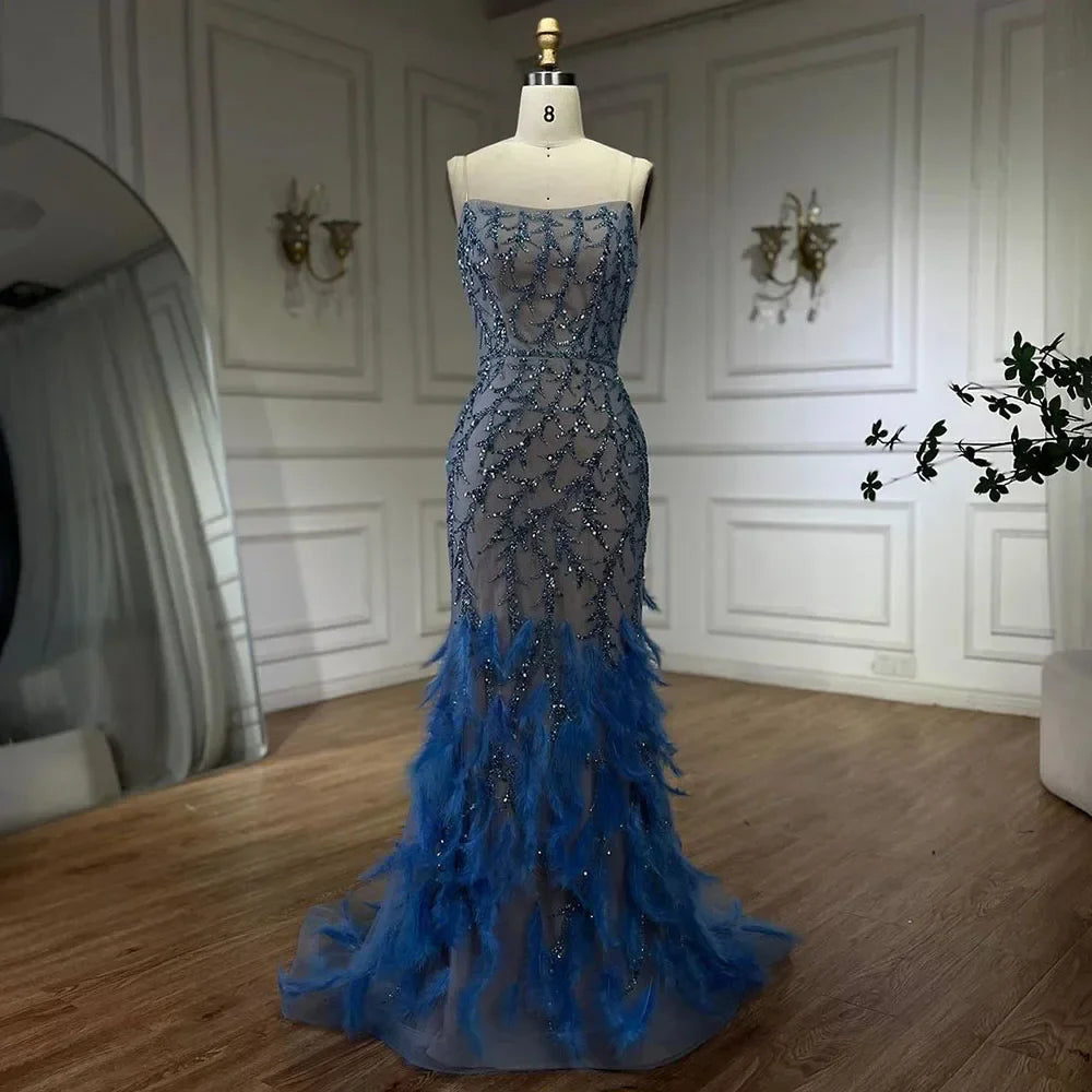 Spaghetti Strap Mermaid Feathers Beaded Prom Dress