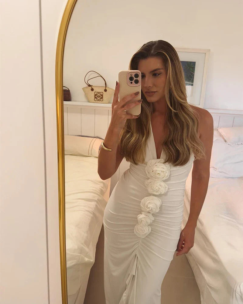 White Floral Halter Sleeveless Ruffled Long Dress