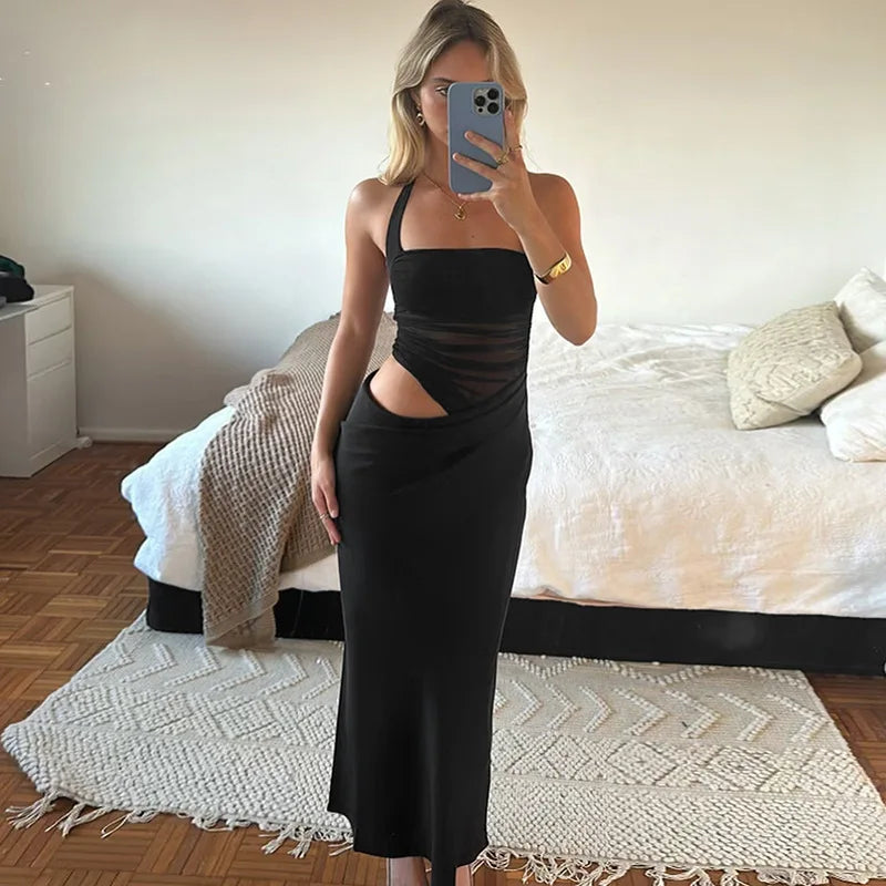 Mesh Patchwork Backless Halter Bodycon Gown