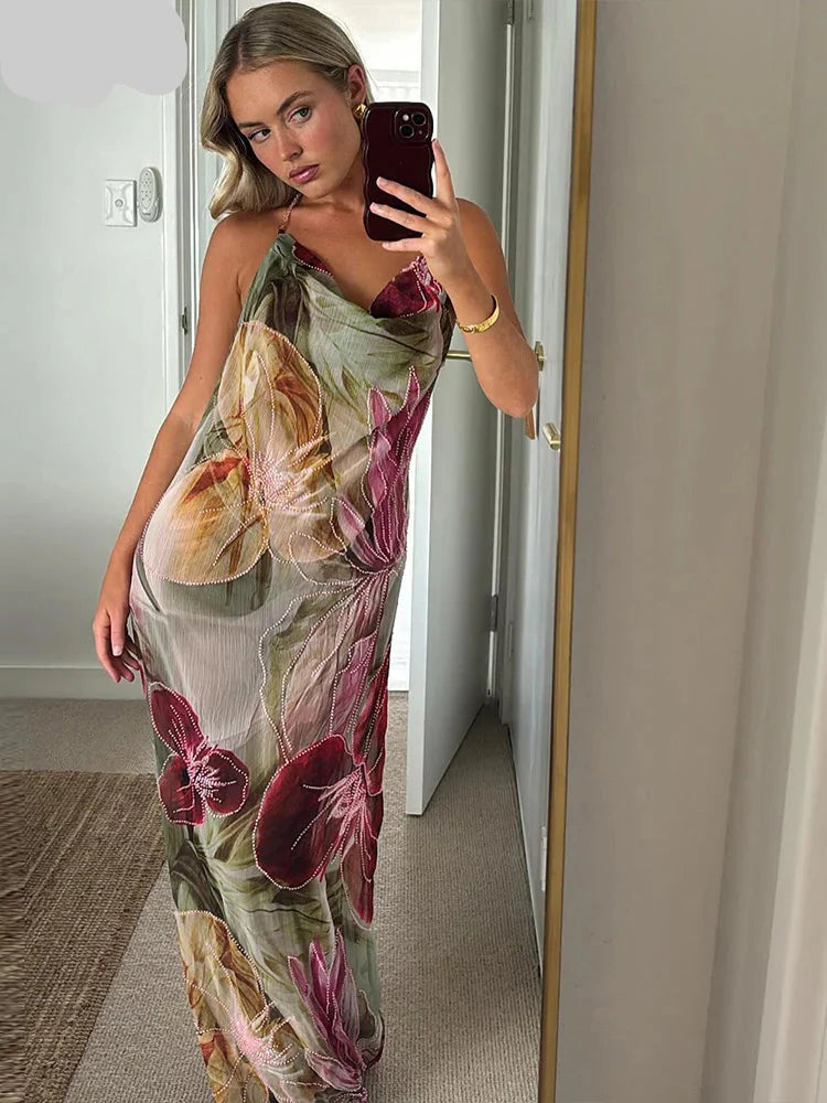 Floral Print Backless Halter Dress with Split for Women