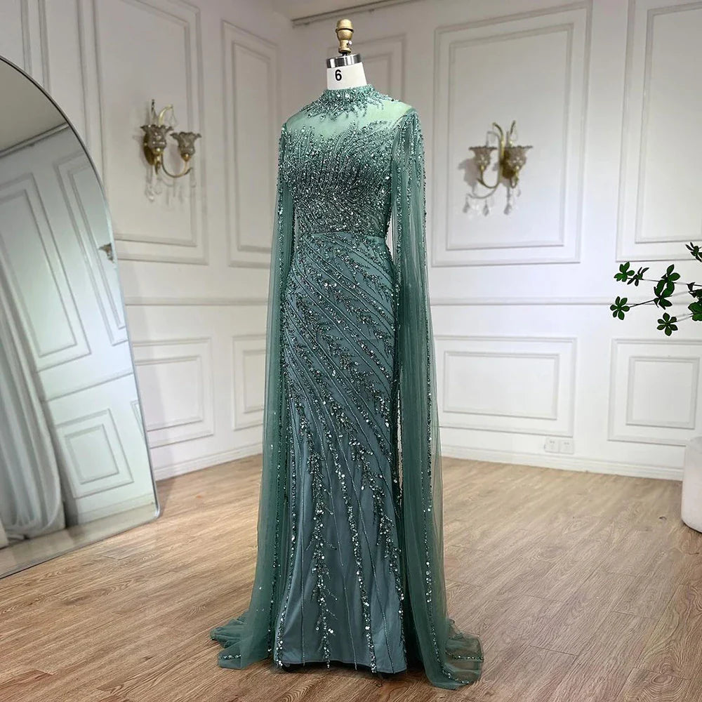 Beaded Lace Mermaid Gown with Cape Sleeves