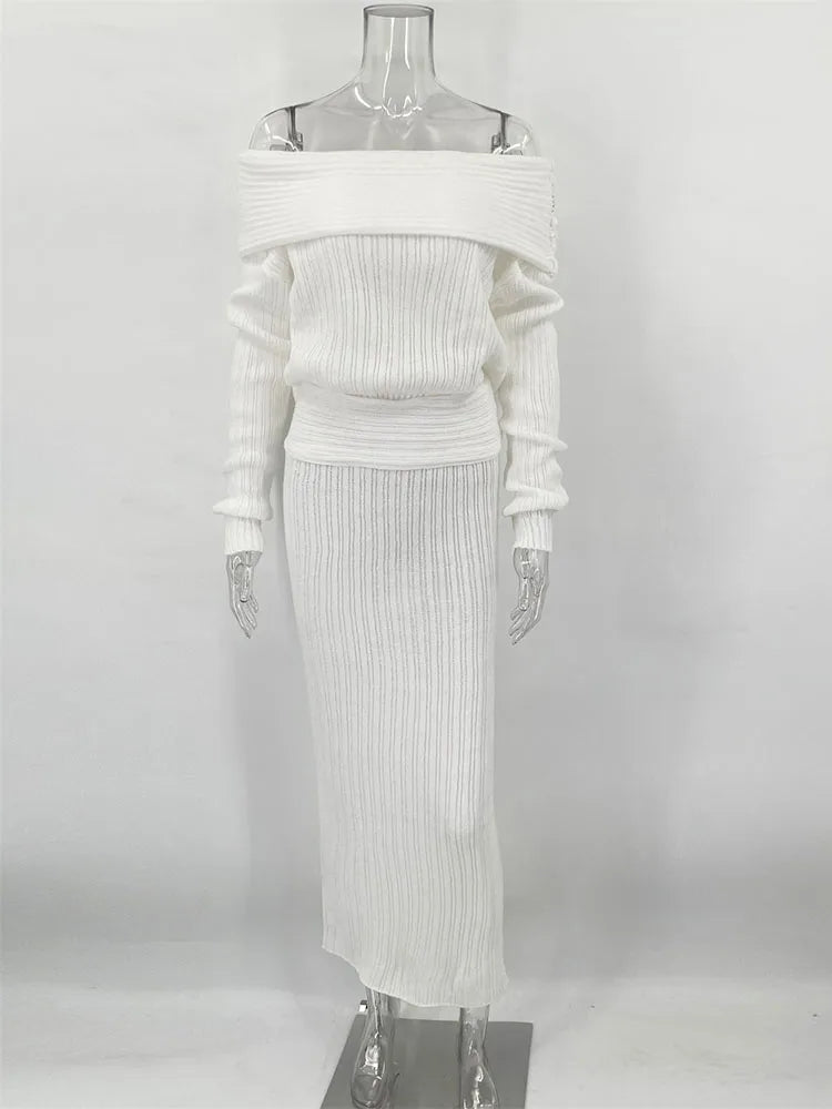 Knitted One-Shoulder Long Sleeves Sweater Skirt Suit