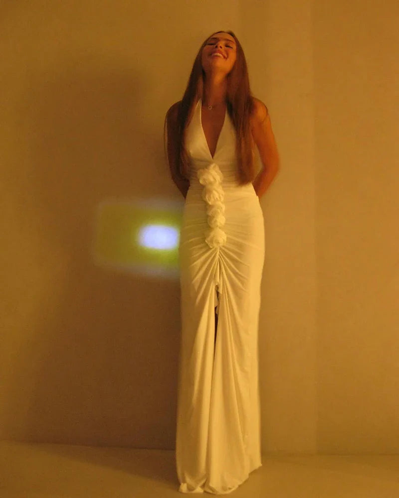 White Floral Halter Sleeveless Ruffled Long Dress