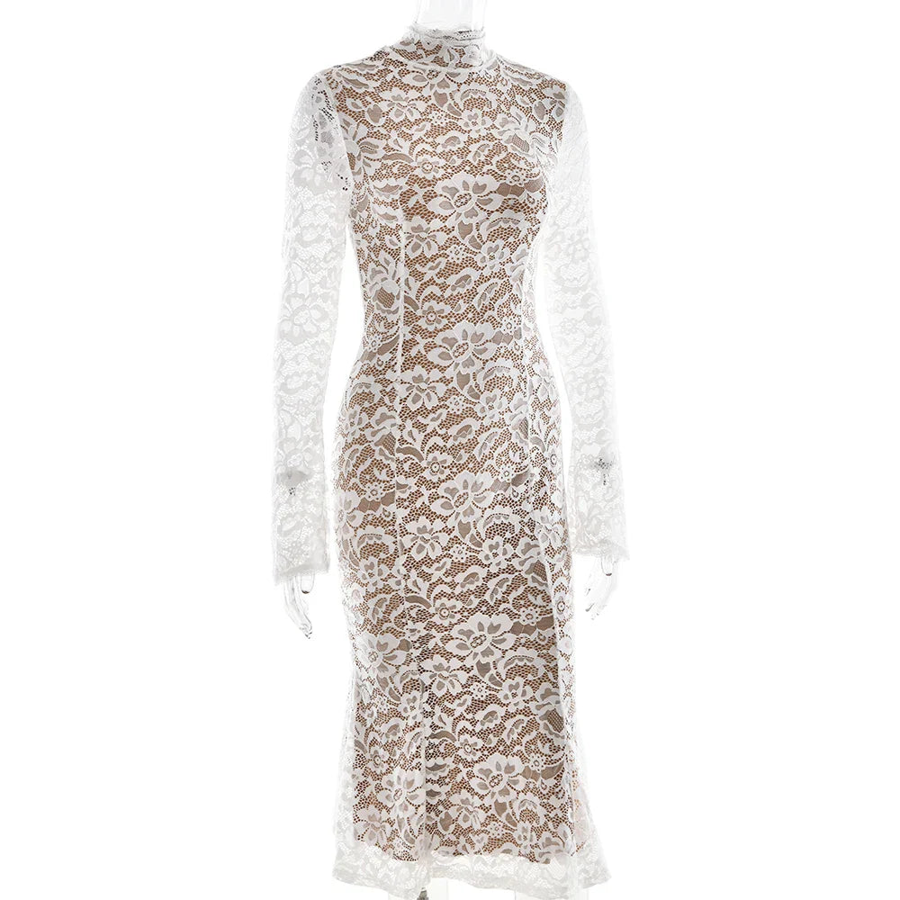 Lace White Long Sleeve Turtleneck Dress