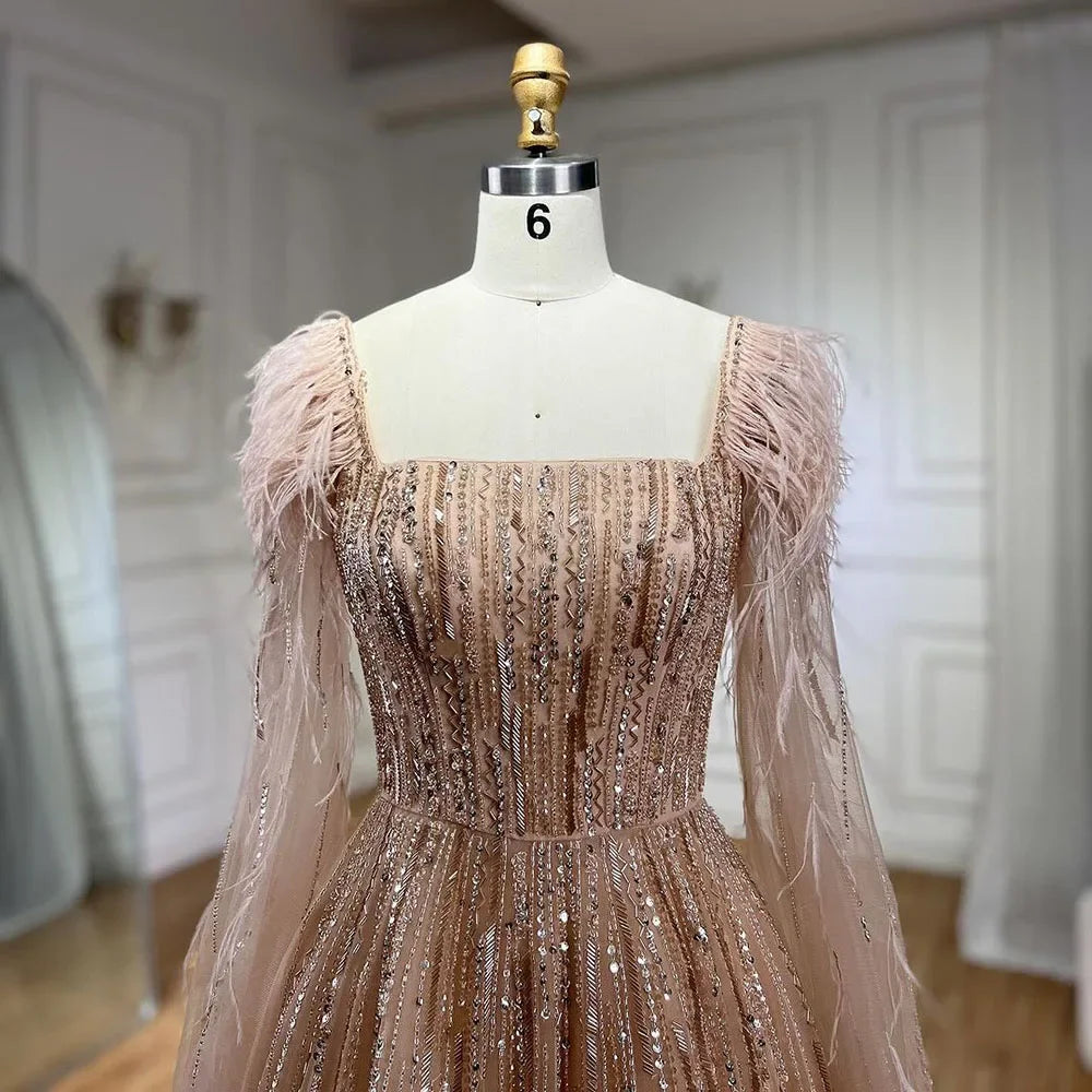 Cape Sleeves Feathers Beaded Evening Dresses