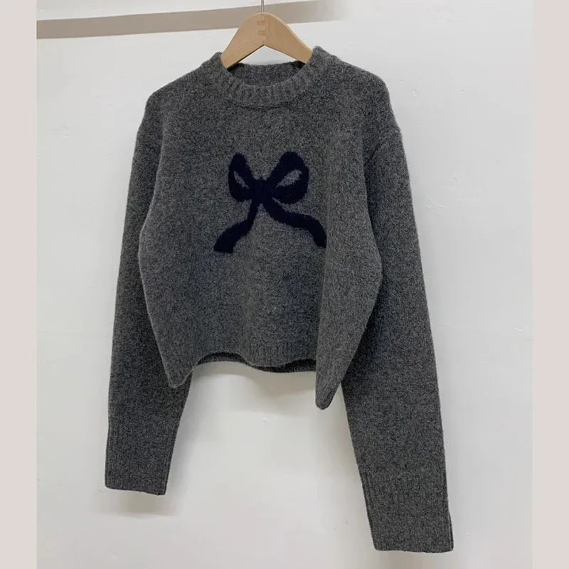 Cute Bow Knitted O neck Long Sleeve Sweater