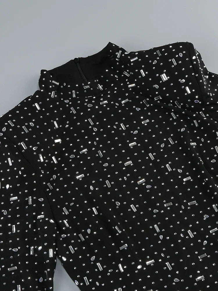 Turtleneck Long Sleeve Mesh Crystal Diamond Black Dress