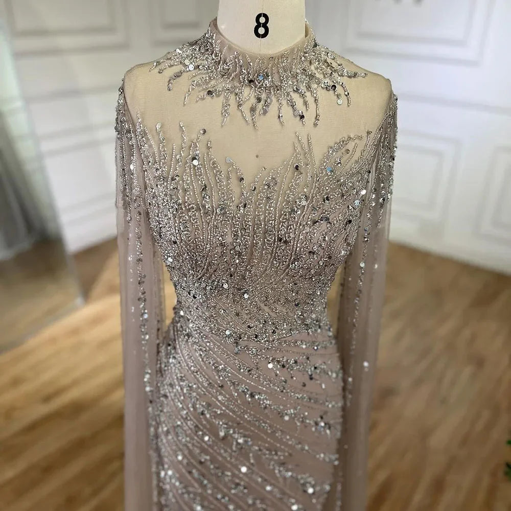 Beaded Lace Mermaid Gown with Cape Sleeves