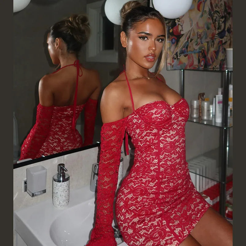 Red Lace Off-shoulder Bodycon Mini Dress