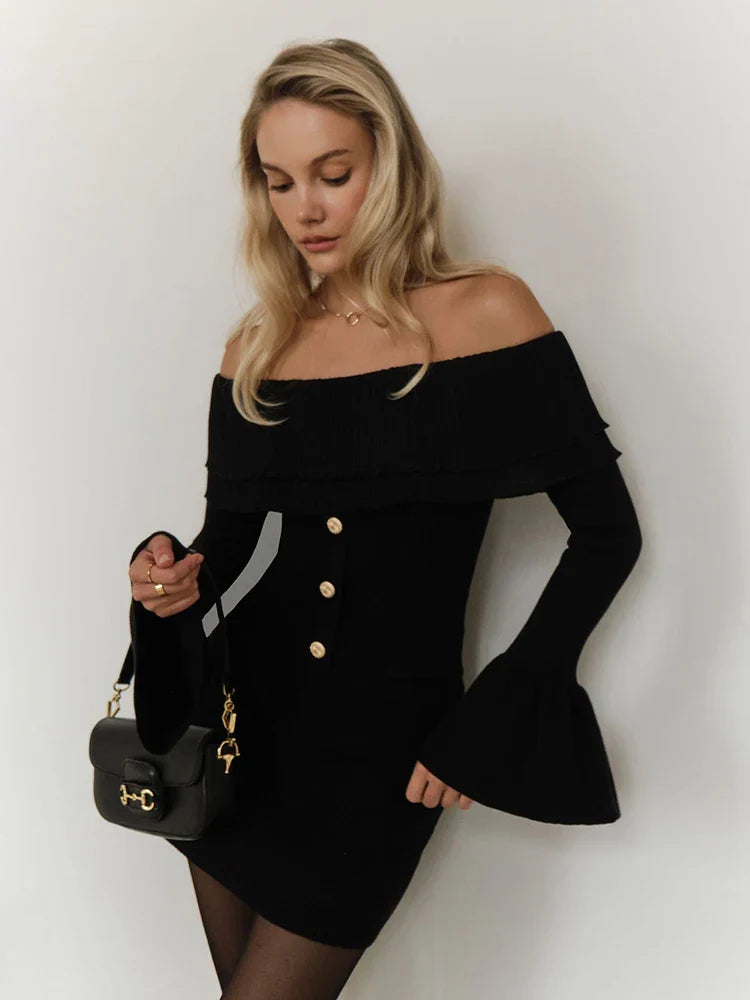 Off-Shoulder Knitted Flare Sleeve Top
