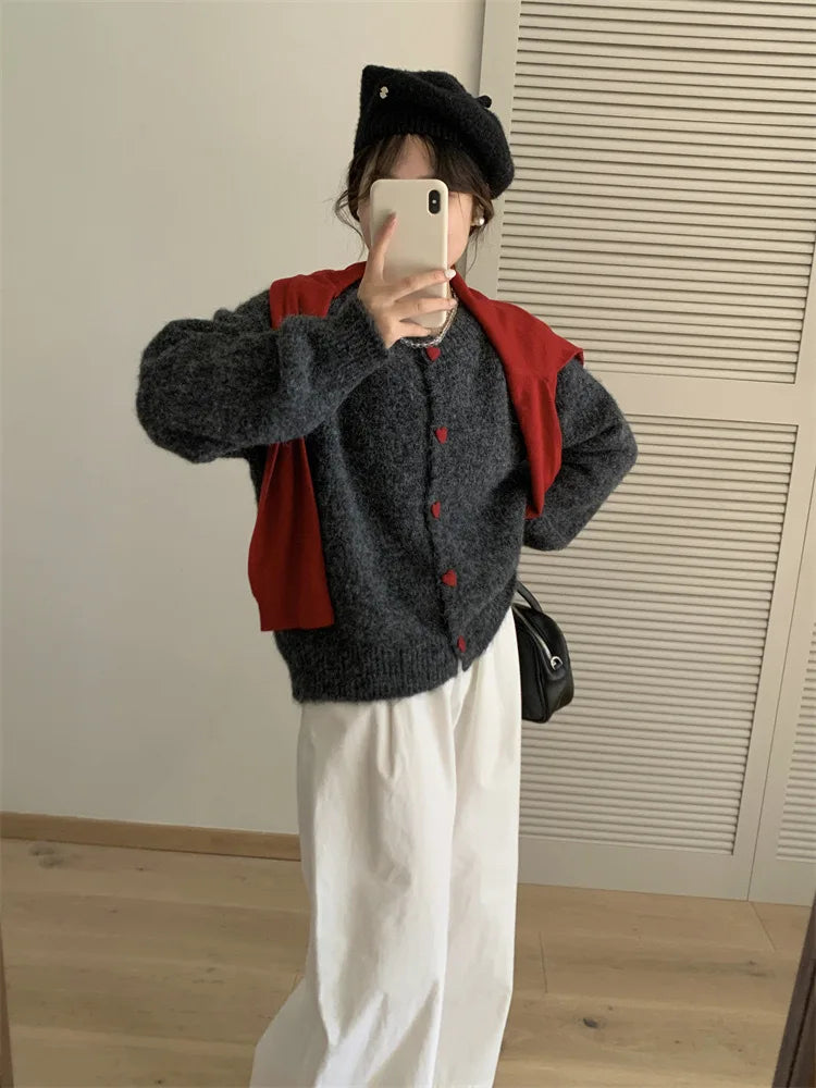Soft Knit Heart-Shaped Long Sleeve Cardigan