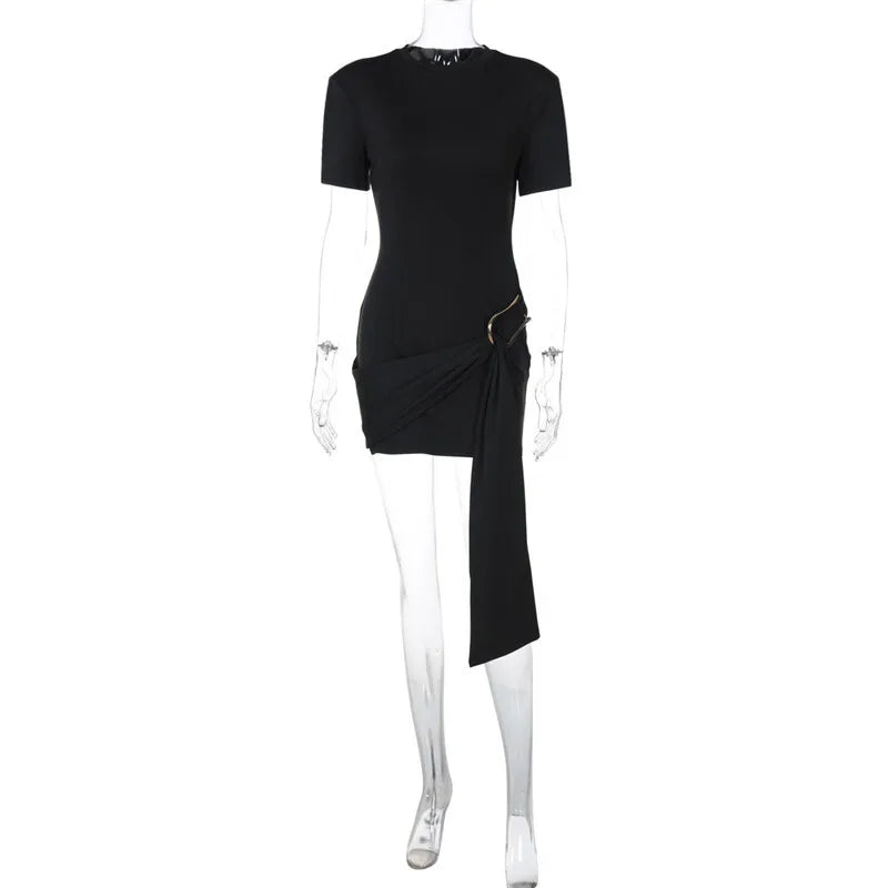 Short Sleeve Draped Black Metal Buckle Mini Dress
