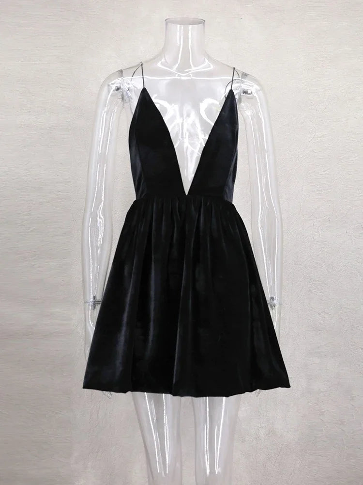 Velvet Deep V Neck Mini Lantern Dress