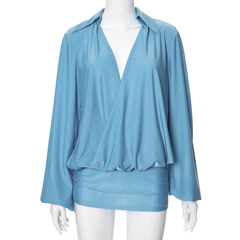 Plunge Long Sleeve Solid Color Mini Dress