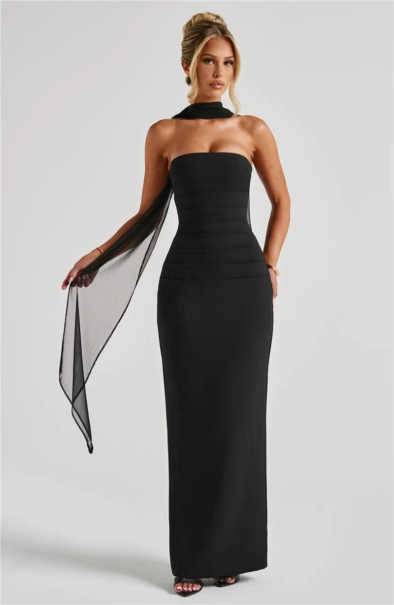 Scarf Collar Strapless Off-shoulder Long Dress