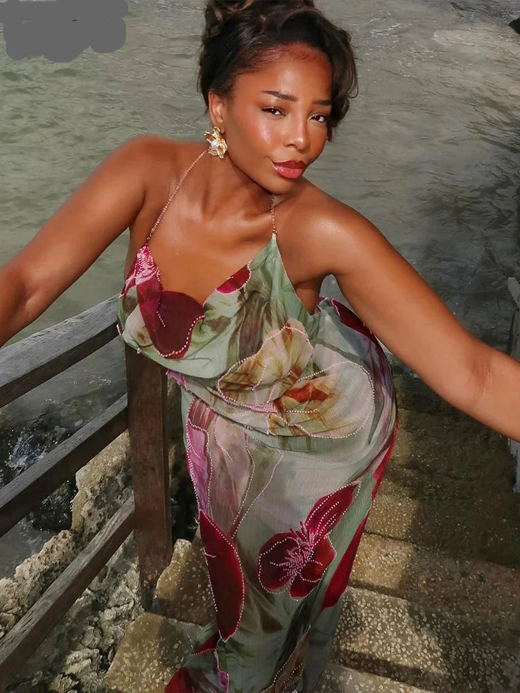 Floral Print Backless Halter Dress with Split for Women
