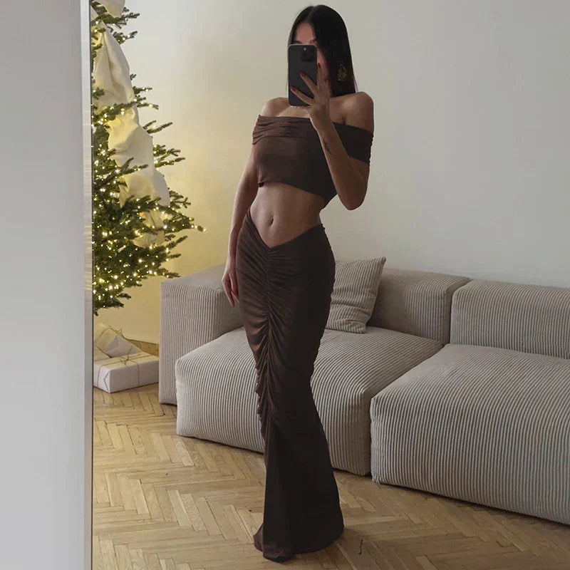 Off-shoulder Crop Top And Long Skirt Suit
