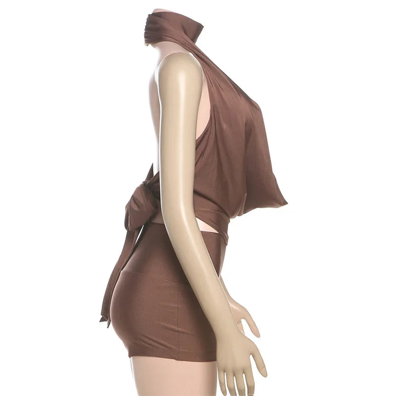 Halter Draped Lace Up Top and Mini Short